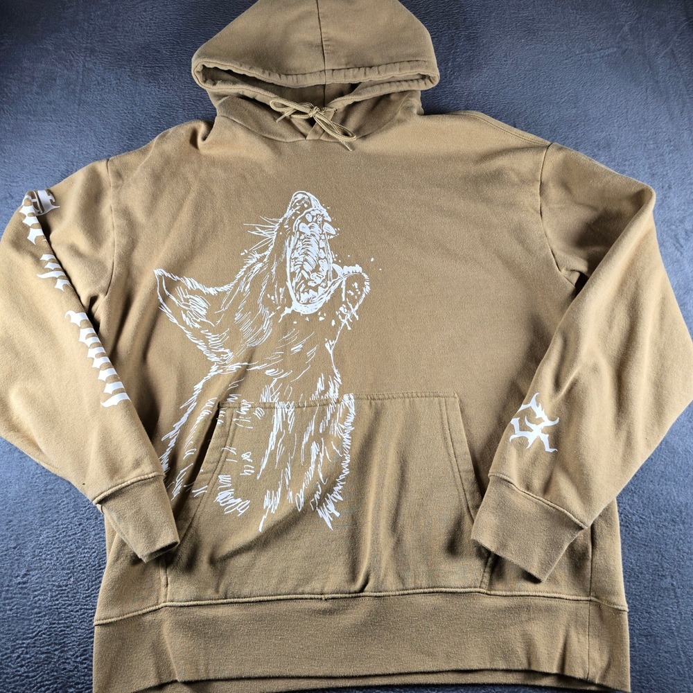 Forever 21 Men Tan Wolf Graphic Hoodie Sweatshirt Brown XL Streetwear